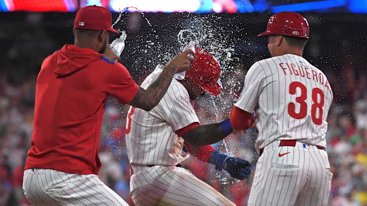Philadelphia Phillies second base Edmundo Sosa celebrates a walk-off win on catcher's interference against the Boston Red Sox