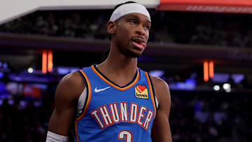 Jan 10, 2025; New York, New York, USA; Oklahoma City Thunder guard Shai Gilgeous-Alexander (2) reacts during the first quarter against the New York Knicks at Madison Square Garden. Mandatory Credit: Brad Penner-Imagn Images