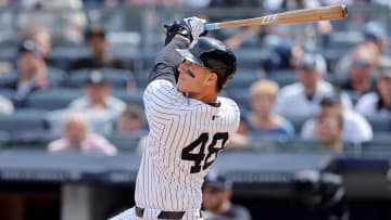 May 23, 2024; Bronx, New York, USA; New York Yankees first baseman Anthony Rizzo (48) follows through on an RBI sacrifice fly against the Seattle Mariners during the seventh inning at Yankee Stadium.