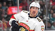 Nov 8, 2025; San Jose, California, USA; Florida Panthers left wing Brad Marchand (63) during the third period against the San Jose Sharks at SAP Center at San Jose. Mandatory Credit: Darren Yamashita-Imagn Images