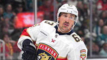 Nov 8, 2025; San Jose, California, USA; Florida Panthers left wing Brad Marchand (63) during the third period against the San Jose Sharks at SAP Center at San Jose. Mandatory Credit: Darren Yamashita-Imagn Images