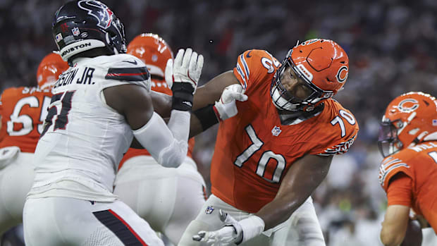 Chicago Bears offensive tackle Braxton Jones (70) defends against Houston Texans defensive end Will Anderson Jr.
