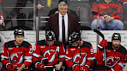 New Jersey Devils head coach Sheldon Keefe against the Edmonton Oilers during the third period at Prudential Center.