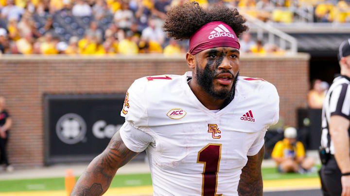 Sep 14, 2024; Columbia, Missouri, USA; Boston College Eagles quarterback Thomas Castellanos (1) returns to the sidelines after a score against the Missouri Tigers during the first half at Faurot Field at Memorial Stadium. Mandatory Credit: Denny Medley-Imagn Images