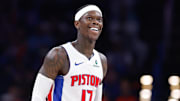 Apr 2, 2025; Oklahoma City, Oklahoma, USA; Detroit Pistons guard Dennis Schroder (17) stands during a time out against the Oklahoma City Thunder during the second half at Paycom Center. Mandatory Credit: Alonzo Adams-Imagn Images