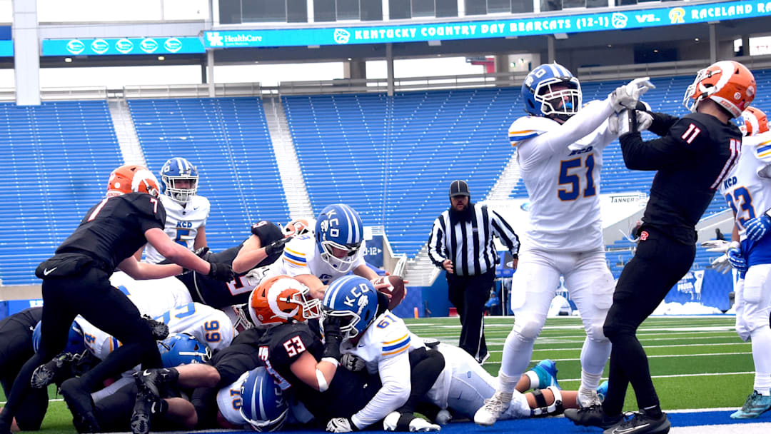Kentucky Country Day quarterback Caden Long reaches for the touchdown, Friday, Dec. 5, in the 2025 UK Healthcare Sports Medicine State Football 1A Championship at Kroger Field on the campus of the University of Kentucky. The state title was the first for Kentucky Country Day.  