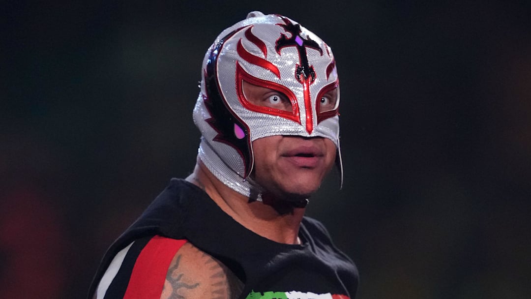 Feb 1, 2025; Indianapolis, IN, USA; Rey Mysterio during the Men’s Royal Rumble match during the WWE Royal Rumble at Lucas Oil Stadium. Mandatory Credit: Joe Camporeale-Imagn Images