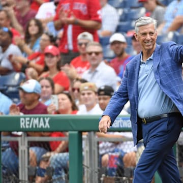 Aug 18, 2024; Philadelphia, Pennsylvania, USA; Former Philadelphia Phillies president Dave Dombrowski during Phillies Alumni Weekend and the 20th anniversary of Citizens Bank Park before game against the Washington Nationals at Citizens Bank Park. 
