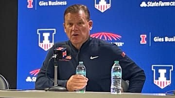 Illinois men's basketball coach Brad Underwood speaks to the media after the Illini's 92-65 exhibition win over Illinois State on Oct. 19 at the State Farm Center in Champaign, Illinois.