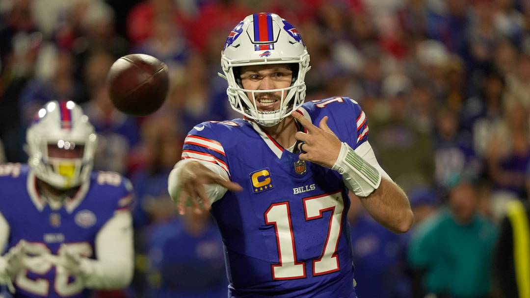 Buffalo Bills quarterback Josh Allen fires off a pass during first-half action against the Baltimore Ravens at Highmark Stadium in Orchard Park on Sept. 7, 2025.