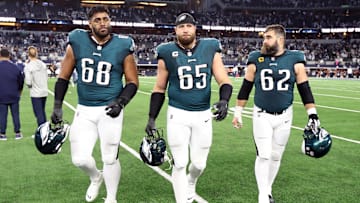 Dec 10, 2023; Arlington, Texas, USA; Philadelphia Eagles offensive tackle Jordan Mailata (68) and offensive tackle Lane Johnson (65) and center Jason Kelce (62) walk off the field after the game against the Dallas Cowboys at AT&T Stadium. Mandatory Credit: Tim Heitman-Imagn Images