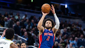 Jan 29, 2025; Indianapolis, Indiana, USA; Detroit Pistons guard Cade Cunningham (2) shoots the ball in the second half against the Indiana Pacers at Gainbridge Fieldhouse. Mandatory Credit: Trevor Ruszkowski-Imagn Images
