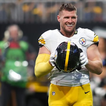 Sep 8, 2024; Atlanta, Georgia, USA; Pittsburgh Steelers linebacker T.J. Watt (90) in action against the Atlanta Falcons in the fourth quarter at Mercedes-Benz Stadium. Mandatory Credit: Brett Davis-Imagn Images