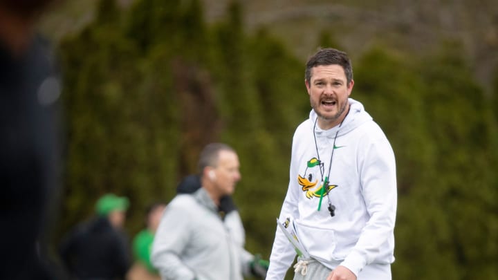 Oregon head coach Dan Lanning leads practice with the Oregon Ducks Saturday, April 6, 2024 at the Hatfield-Dowlin Complex in Eugene, Ore.