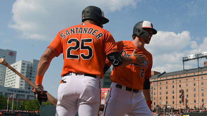 Baltimore Orioles third baseman Gunnar Henderson (2) celebrates with right fielder Anthony Santander (25) after hitting a second inning home run against the Kansas City Royals at Oriole Park at Camden Yards. Baltimore Orioles third baseman Gunnar Henderson (2) celebrates with right fielder Anthony Santander (25) after hitting a second inning home run against the Kansas City Royals at Oriole Park at Camden Yards.