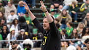 Oregon coach Dan Lanning rallies his team during warmups before the Oregon Spring game at Autzen in Eugene April 26, 2025