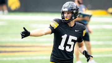 Aug 9, 2025; Iowa wide receiver Reece Vander Zee (15) lines up during the Hawkeyes Kids Day NCAA football open practice at Kinnick Stadium in Iowa City, Iowa. Mandatory Credit: Joseph Cress for the Des Moines Register