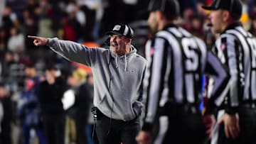 Nov 15, 2025; Chestnut Hill, Massachusetts, USA;  Boston College Eagles head coach Bill O'Brien reacts during the first half against Georgia Tech Yellow Jackets at Alumni Stadium. Mandatory Credit: Bob DeChiara-Imagn Images