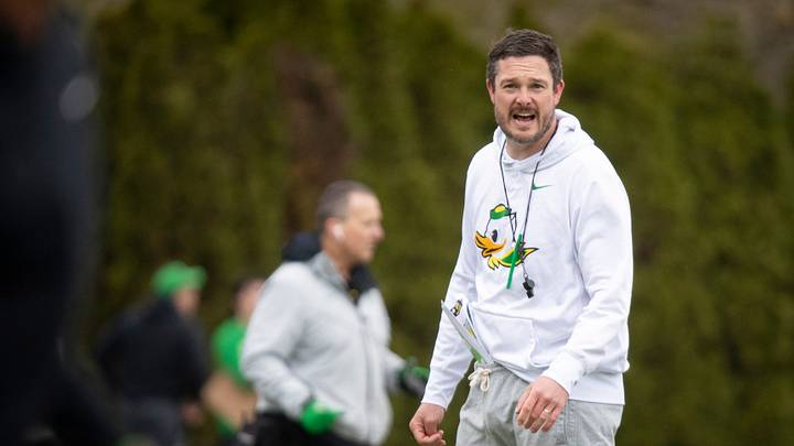 Oregon head coach Dan Lanning leads practice with the Oregon Ducks Saturday, April 6, 2024 at the Hatfield-Dowlin Complex in Eugene, Ore.