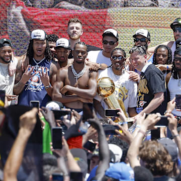 Jun 24, 2025; Oklahoma City, OK, USA; Oklahoma City Thunder players pose for a photo at the closing ceremony of the Thunder's 2025 NBA championship parade. Mandatory Credit: Alonzo Adams-Imagn Images