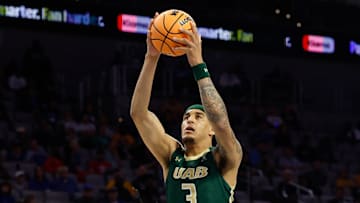 Mar 16, 2025; Fort Worth, TX, USA;  UAB Blazers forward Yaxel Lendeborg (3) is called for an offensive foul against Memphis Tigers guard Baraka Okojie (6) during the first half at Dickies Arena. Mandatory Credit: Chris Jones-Imagn Images