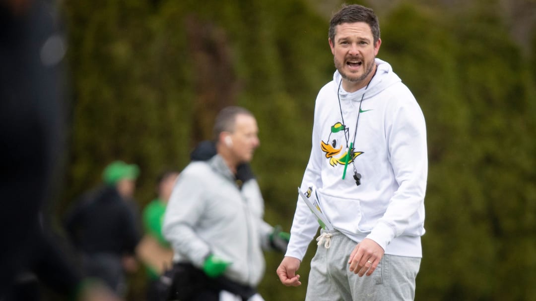 Oregon head coach Dan Lanning leads practice with the Oregon Ducks Saturday, April 6, 2024 at the Hatfield-Dowlin Complex in Eugene, Ore.