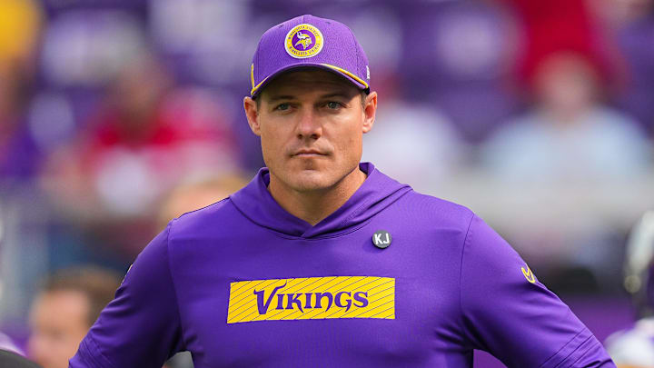 Sep 15, 2024; Minneapolis, Minnesota, USA; Minnesota Vikings head coach Kevin O'Connell before the game against the San Francisco 49ers at U.S. Bank Stadium.