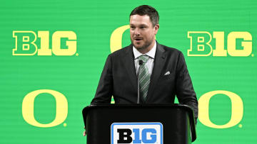 Jul 25, 2024; Indianapolis, IN, USA; Oregon Ducks head coach ??Dan Lanning speaks to the media during the Big 10 football media day at Lucas Oil Stadium. Mandatory Credit: Robert Goddin-USA TODAY Sports