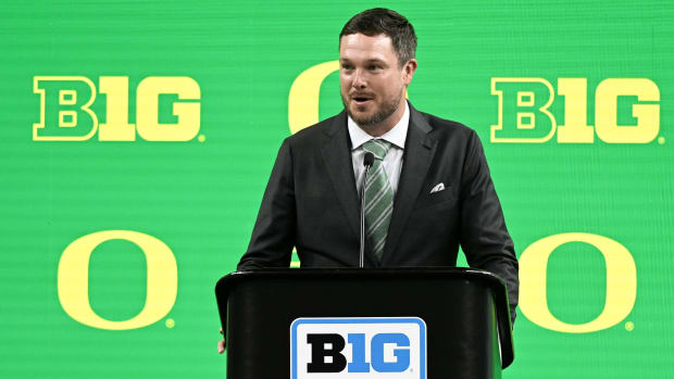 Oregon Ducks head coach Dan Lanning speaks to the media during the Big 10 football media day at Lucas Oil Stadium.