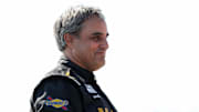 Sep 14, 2024; Watkins Glen, New York, USA; NASCAR Cup Series driver Juan Pablo Montoya stands on pit road during practice and qualifying for the Go Bowling at The Glen at Watkins Glen International. Mandatory Credit: Matthew O'Haren-Imagn Images