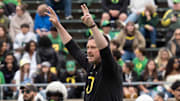 Oregon coach Dan Lanning rallies his team during warmups before the Oregon Spring game at Autzen in Eugene April 26, 2025