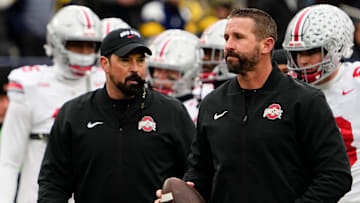 Ohio State Buckeyes offensive coordinator Brian Hartline (right) and head coach Ryan Day