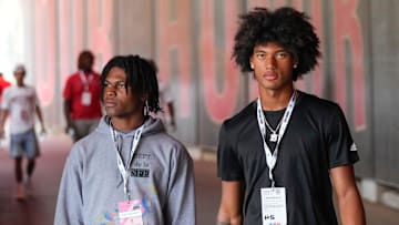 Aug 31, 2024; Columbus, OH, USA; Ohio State Buckeyes recruits Kayden Dixon-Wyatt and Chris Henry Jr. walk onto the field prior to the NCAA football game against the Akron Zips at Ohio Stadium. Ohio State won 52-6.