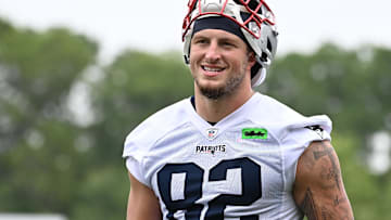 Jun 9, 2025; Foxborough, MA, USA; New England Patriots tight end C.J. Dippre (82) leaves the practice fields after minicamp at Gillette Stadium.