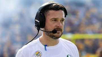 Nov 18, 2023; Tempe, Arizona, USA; Oregon Ducks head coach Dan Lanning against the Arizona State Sun Devils at Mountain America Stadium. Mandatory Credit: Mark J. Rebilas-Imagn Images