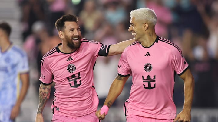 Lionel Messi (left) and Luis Suárez (right) celebrate the opening goal of the Inter Miami's first round game vs. Atlanta United. Lionel Messi (left) and Luis Suárez (right) celebrate the opening goal of the Inter Miami's first round game vs. Atlanta United.