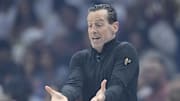 May 6, 2025; Cleveland, Ohio, USA; Cleveland Cavaliers head coach Kenny Atkinson reacts in the first quarter against the Indiana Pacers during game two of the second round of the 2025 NBA Playoffs at Rocket Arena. Mandatory Credit: David Richard-Imagn Images