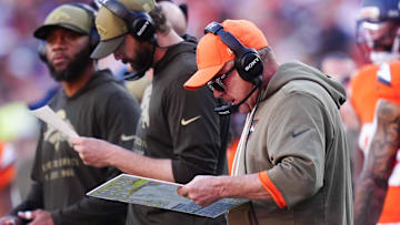 Nov 16, 2025; Denver, Colorado, USA;  Denver Broncos head coach Sean Payton on the sidelines during the first quarter of the game against the Kansas City Chiefs at Empower Field at Mile High. Mandatory Credit: Ron Chenoy-Imagn Images
