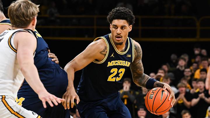 Mar 5, 2026; Iowa City, Iowa, USA; Michigan Wolverines forward Yaxel Lendeborg (23) controls the ball against the Iowa Hawkeyes during the first half at Carver-Hawkeye Arena. Mandatory Credit: Jeffrey Becker-Imagn Images