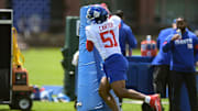 May 10, 2025; East Rutherford, NJ, USA; New York Giants linebacker Abdul Carter (51) participates in a drill during rookie minicamp at Quest Diagnostics Training Center.  