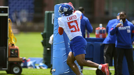 May 10, 2025; East Rutherford, NJ, USA; New York Giants linebacker Abdul Carter (51) participates in a drill during rookie minicamp at Quest Diagnostics Training Center.  