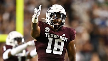 Aug 31, 2024; College Station, Texas, USA; Texas A&M Aggies defensive lineman Cashius Howell (18) reacts during the fourth quarter against the Notre Dame Fighting Irish at Kyle Field. Mandatory Credit: Maria Lysaker-Imagn Images