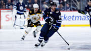 Dec 10, 2024; Winnipeg, Manitoba, CAN;  Winnipeg Jets forward Kyle Connor (81) skates into the Boston Bruins zone during the second period at Canada Life Centre. Mandatory Credit: Terrence Lee-Imagn Images