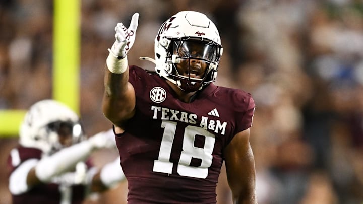 Aug 31, 2024; College Station, Texas, USA; Texas A&M Aggies defensive lineman Cashius Howell (18) reacts during the fourth quarter against the Notre Dame Fighting Irish at Kyle Field. Mandatory Credit: Maria Lysaker-Imagn Images