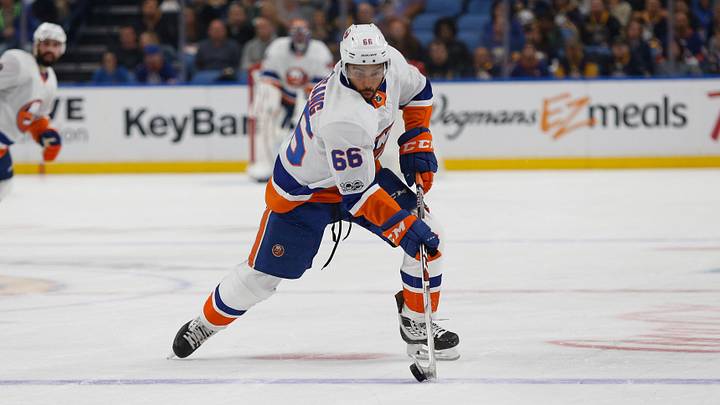 Sep 29, 2017; Buffalo, NY, USA; New York Islanders right wing Josh Ho-Sang (66) against the Buffalo Sabres at KeyBank Center. Mandatory Credit: Timothy T. Ludwig-Imagn Images