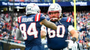 Oct 22, 2023; Foxborough, Massachusetts, USA;  New England Patriots wide receiver Kendrick Bourne (84) and center David Andrews (60) celebrate after a touchdown during the second half against the Buffalo Bills at Gillette Stadium. Mandatory Credit: Bob DeChiara-USA TODAY Sports