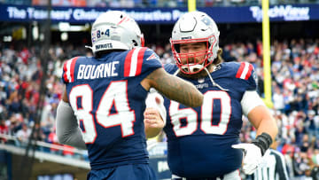 Oct 22, 2023; Foxborough, Massachusetts, USA;  New England Patriots wide receiver Kendrick Bourne (84) and center David Andrews (60) celebrate after a touchdown during the second half against the Buffalo Bills at Gillette Stadium. Mandatory Credit: Bob DeChiara-USA TODAY Sports