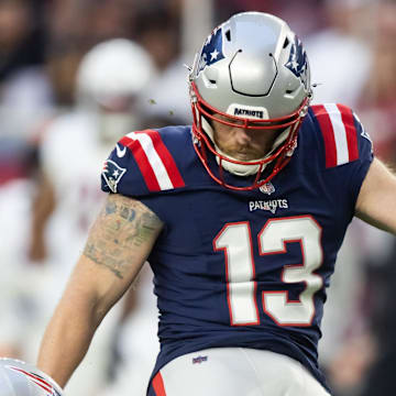 Dec 15, 2024; Glendale, Arizona, USA; New England Patriots kicker Joey Slye (13) against the Arizona Cardinals at State Farm Stadium. Mandatory Credit: Mark J. Rebilas-Imagn Images