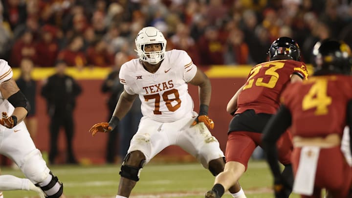 Nov 18, 2023; Ames, Iowa, USA; Texas Longhorns offensive lineman Kelvin Banks Jr. (78) plays against the Iowa State Cyclones at Jack Trice Stadium. Mandatory Credit: Reese Strickland-Imagn Images