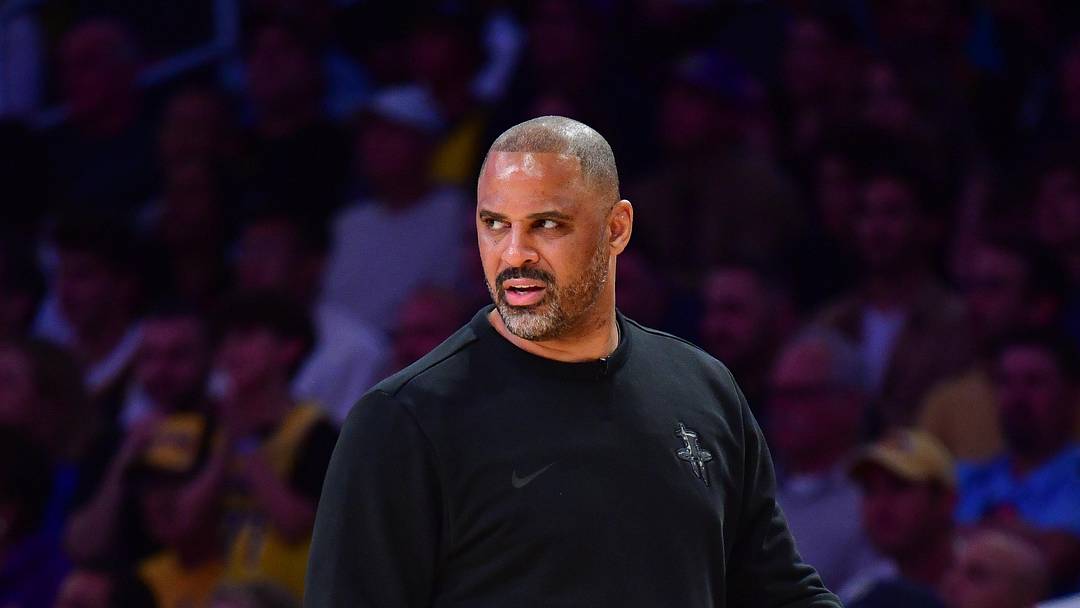 Apr 29, 2026; Los Angeles, California, USA; Houston Rockets head coach Ime Udoka watches game action against the Los Angeles Lakers during the first half in game five of the first round of the 2026 NBA Playoffs at Crypto.com Arena. Mandatory Credit: Gary A. Vasquez-Imagn Images